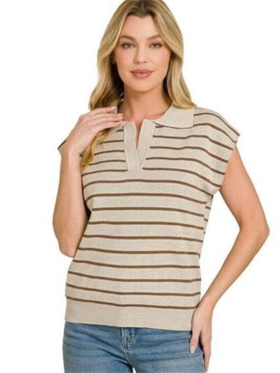 Zenana Outfitters Sweaters - Zenana Viscose Striped‎ Collared Sweater Vest